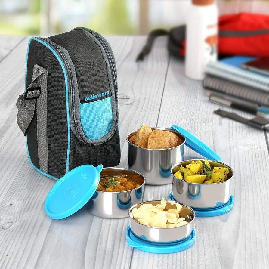 CELLO Steelox Stainless Steel Lunch Box Set of 4 with Bag , Blue | Tiffin Box with Jacket | Leakproof | Easy to Carry | Ideal for Office, School, College